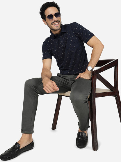 Navy Blue Printed Slim Fit Polo T-Shirt | JadeBlue