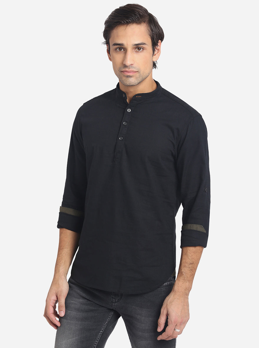 Jet Black Solid Slim Fit Short Kurta | Greenfibre