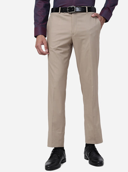 Light Brown Solid Slim Fit Formal Trouser | Metal