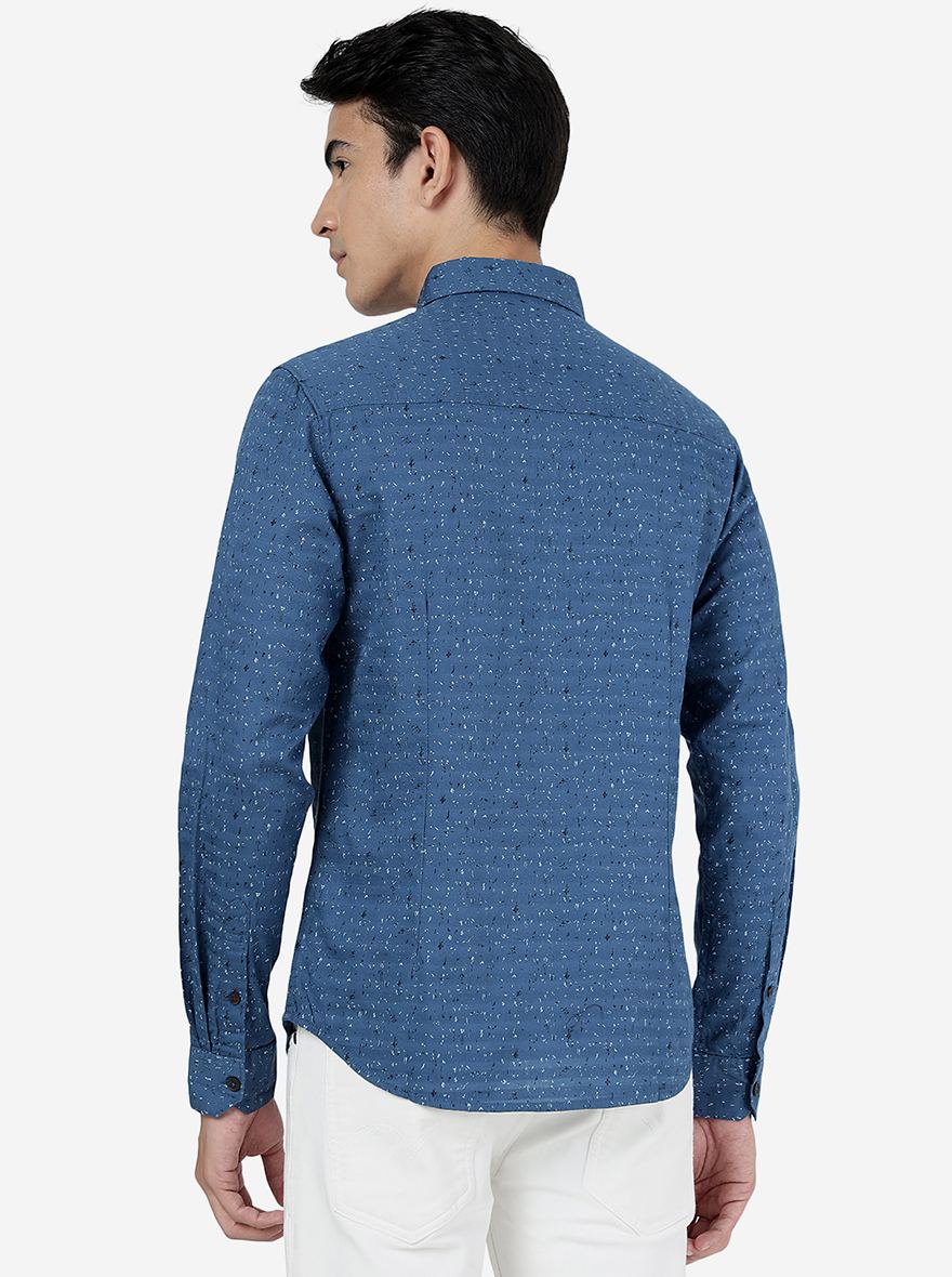 Deep Water Blue Printed Slim Fit Casual Shirt | Greenfibre