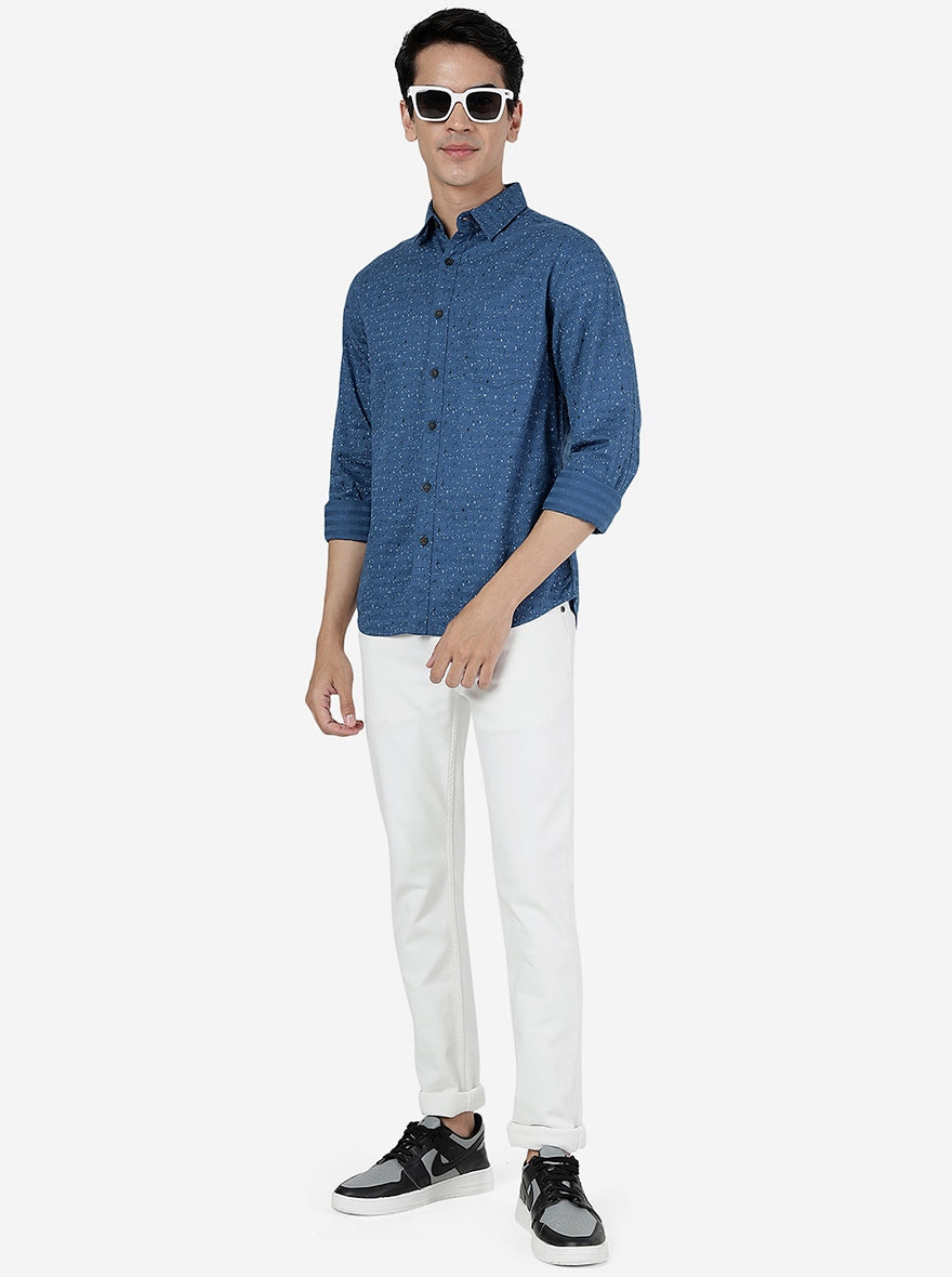 Deep Water Blue Printed Slim Fit Casual Shirt | Greenfibre