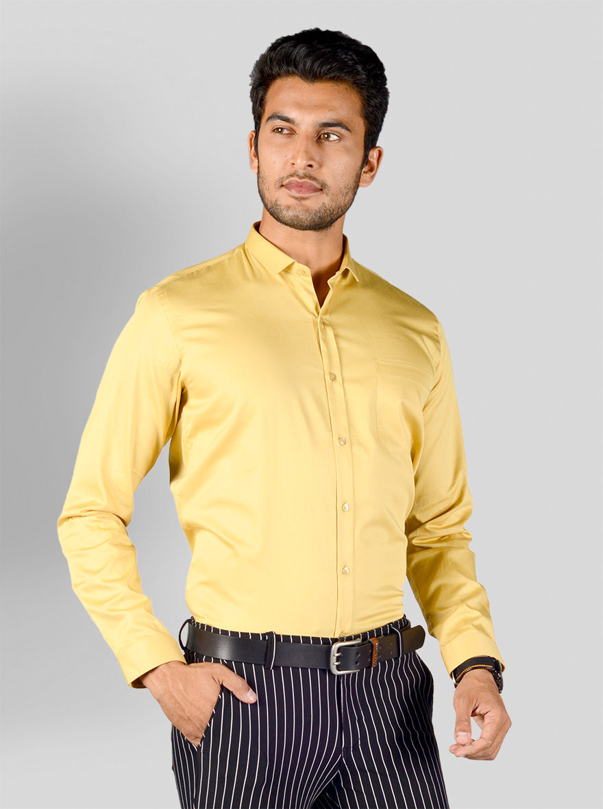 Burnt Yellow Solid Slim Fit Party Wear Shirt | Greenfibre