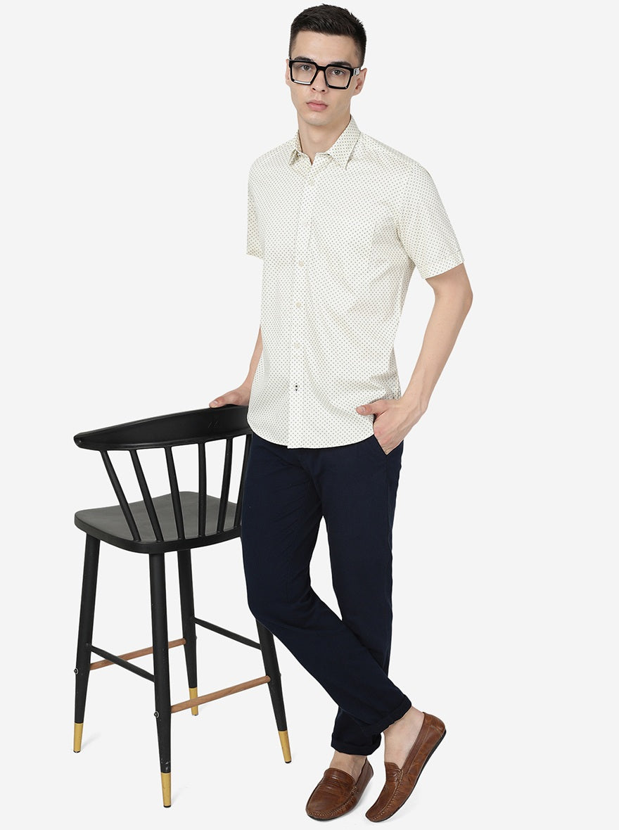 Cream Printed Slim Fit Semi Casual Shirt | JadeBlue
