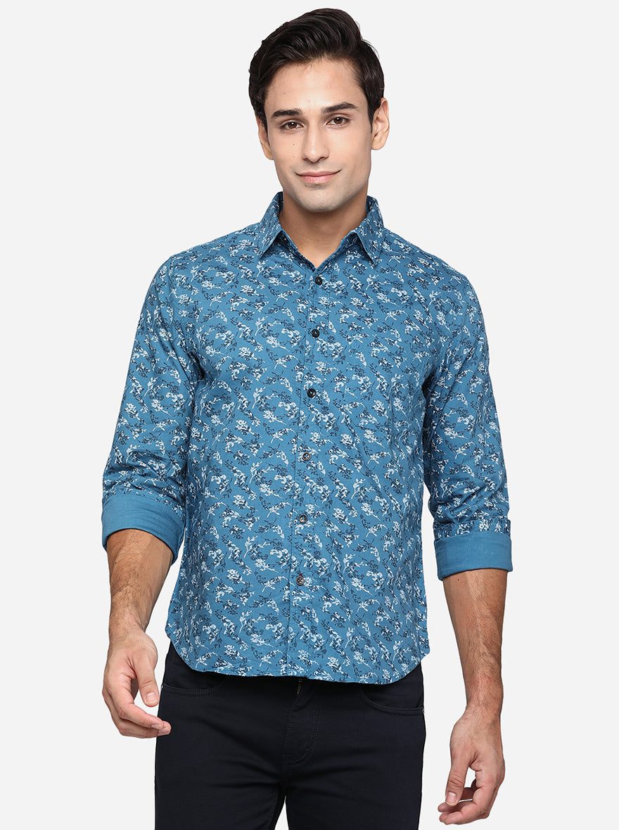 Provincial Blue Printed Slim Fit Semi Casual Shirt | Greenfibre