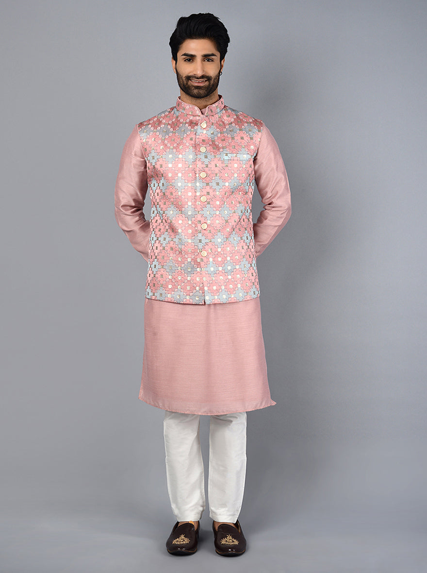 Jacquard Stunning Peach Color Function Wear Readymade Men Kurta Pyjama With  Jacket