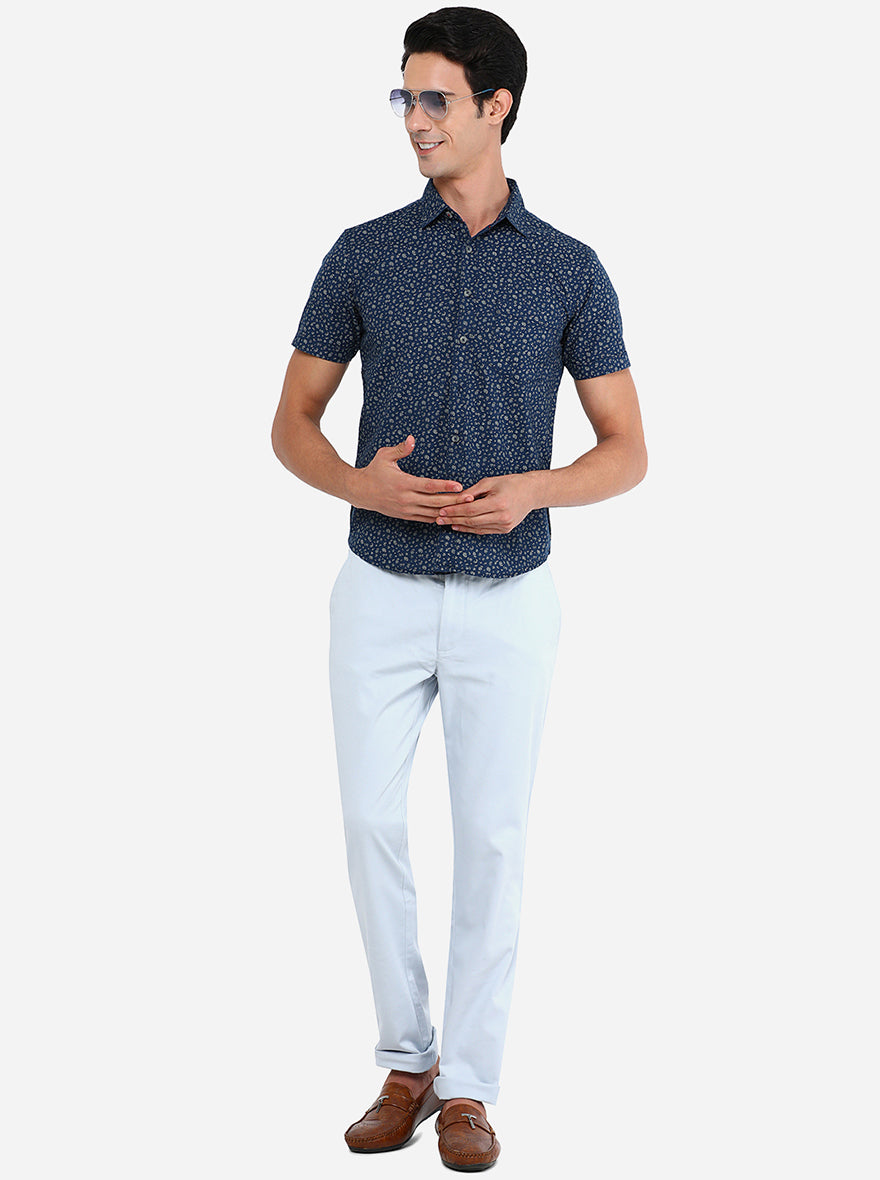 Blue & Grey Printed Slim Fit Semi Casual Shirt | Greenfibre