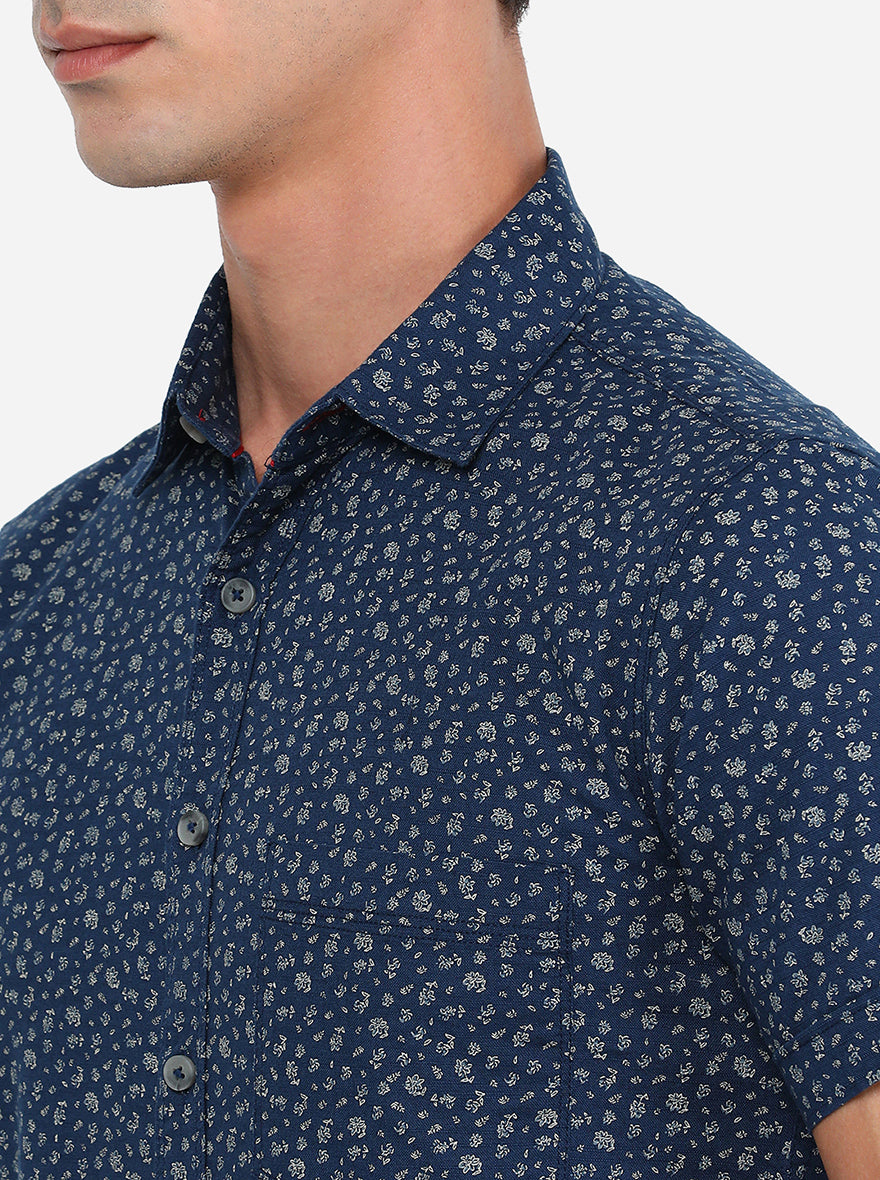 Blue & Grey Printed Slim Fit Semi Casual Shirt | Greenfibre