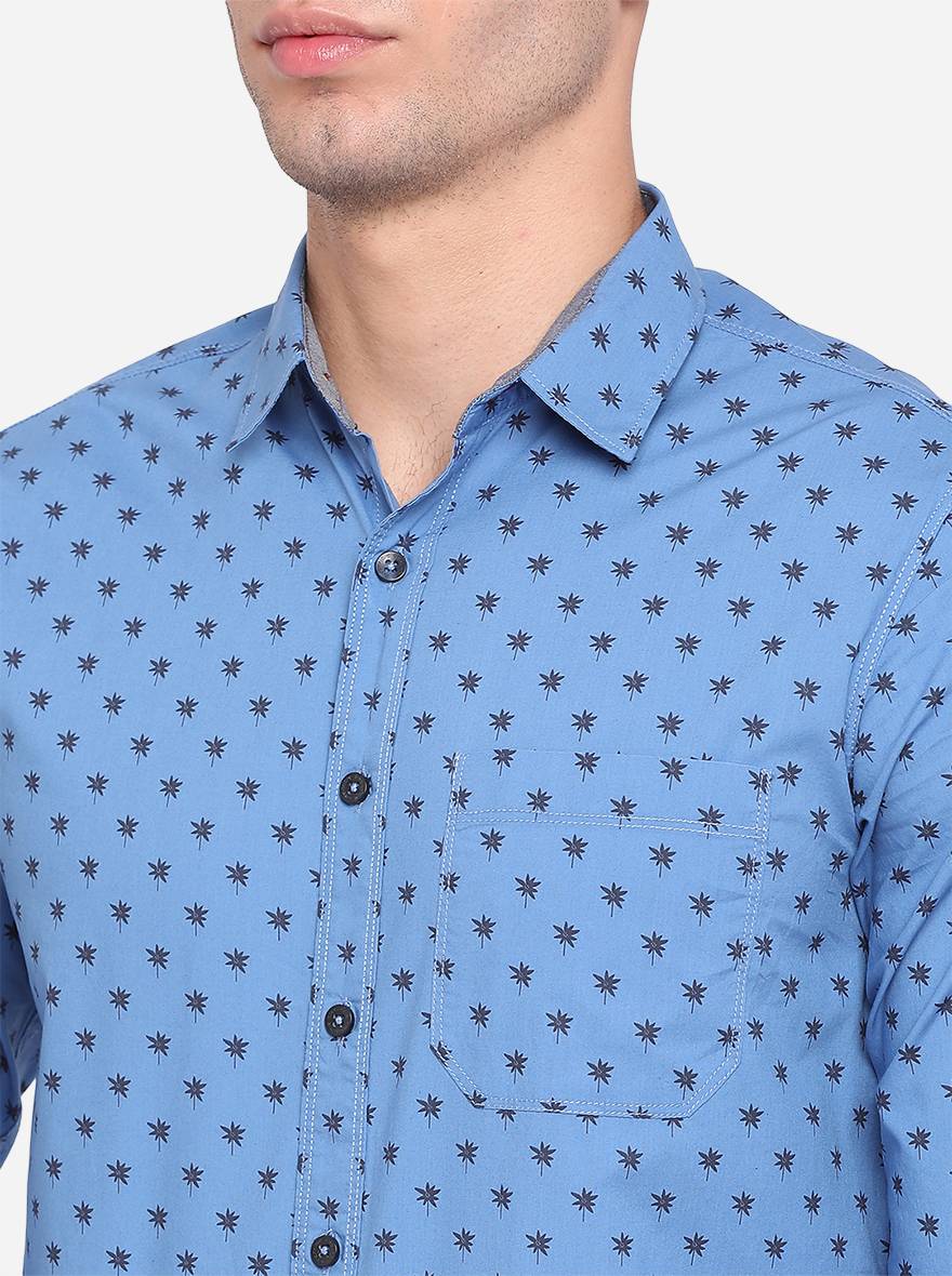 Campanula Blue Printed Slim Fit Semi Casual Shirt | Greenfibre