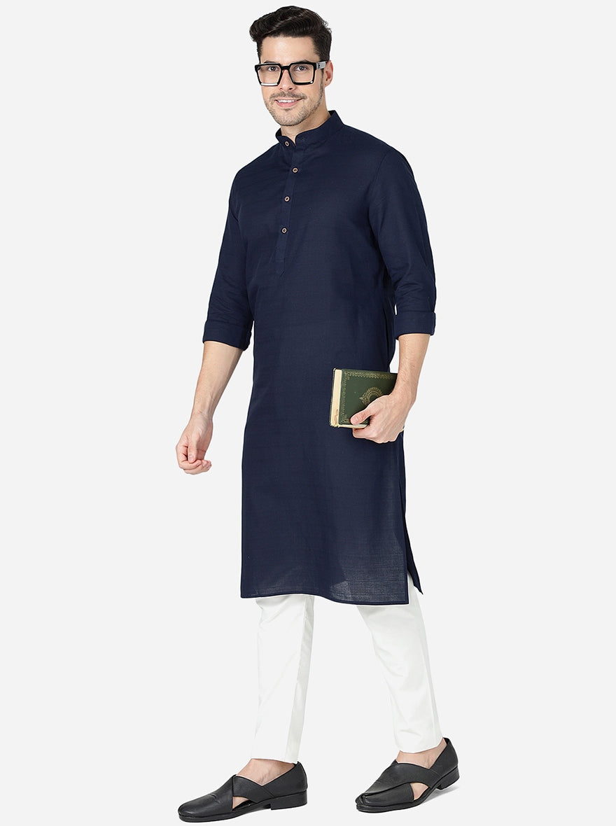 Navy Blue Solid Regular Fit Modi Kurta | JadeBlue