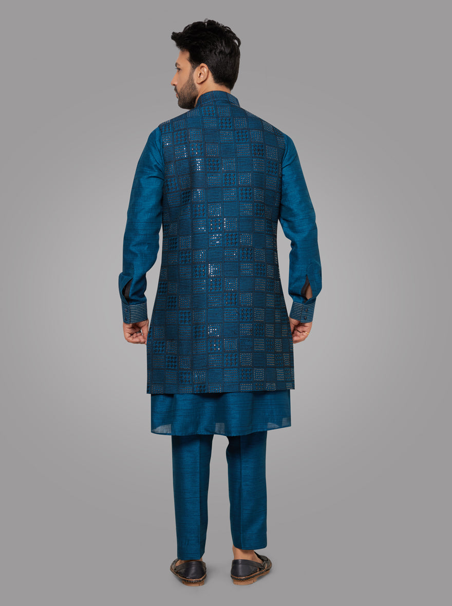 Teal Blue Kurta Pajama with Koti | TULA