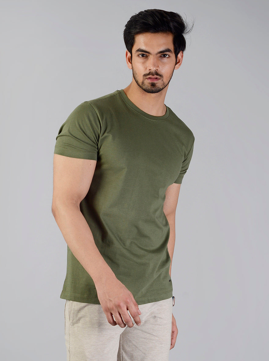 Olive Green Solid Slim Fit T-shirt | JadeBlue