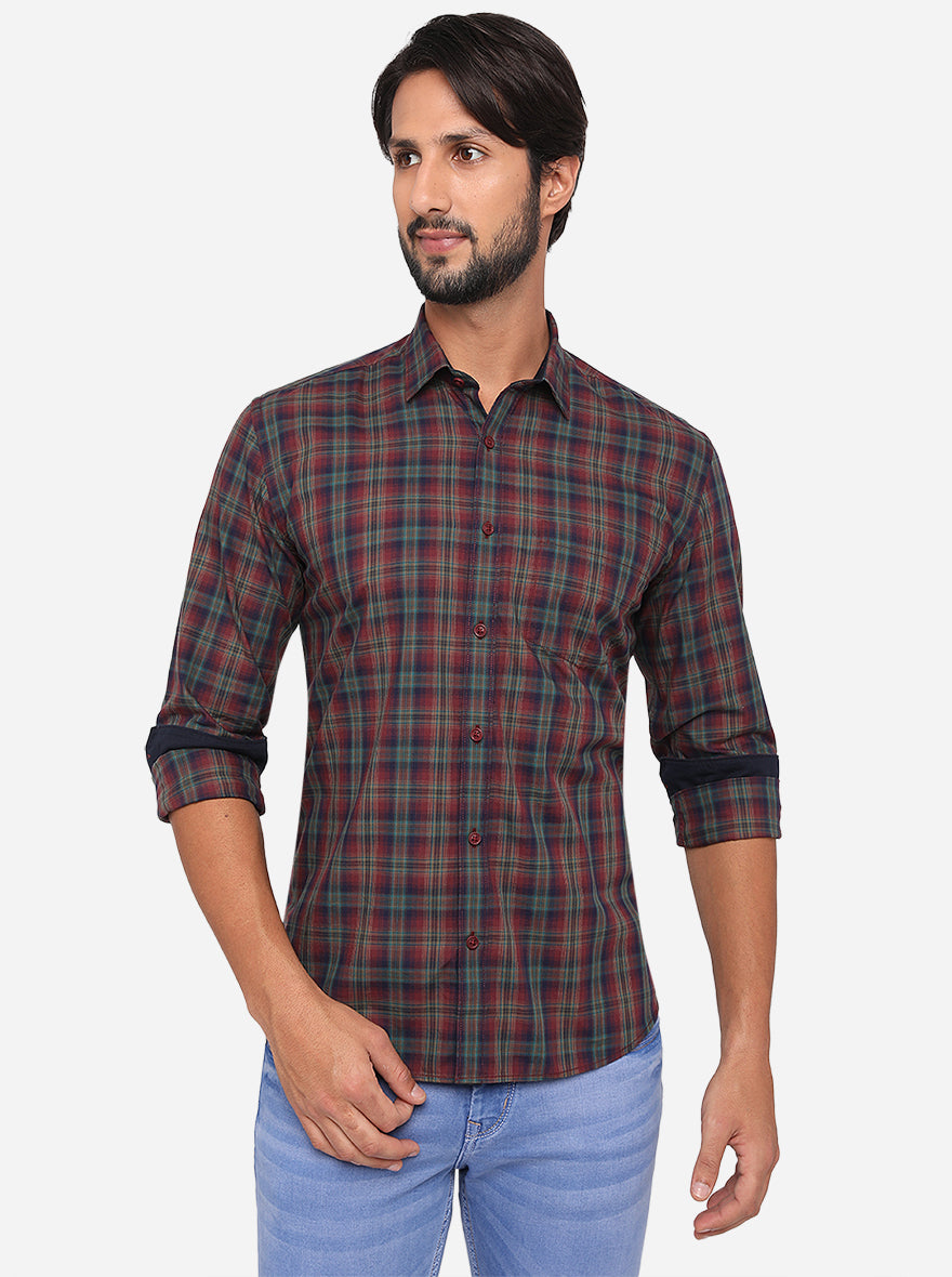 Oxblood Red Checked Slim Fit Semi Casual Shirt | JadeBlue