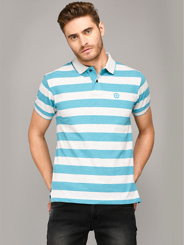 Greenfibre Blue & Grey Striped Slim Fit Polo T-Shirt