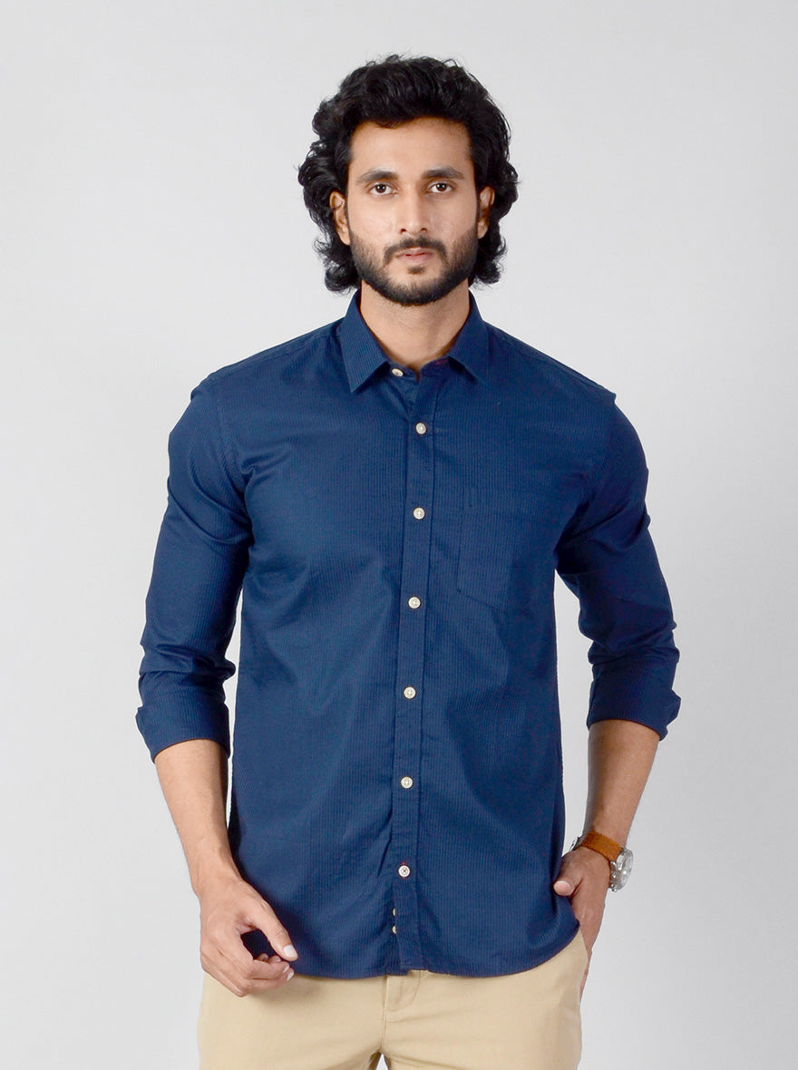 Navy Blue Solid Slim Fit Casual Shirt | JadeBlue