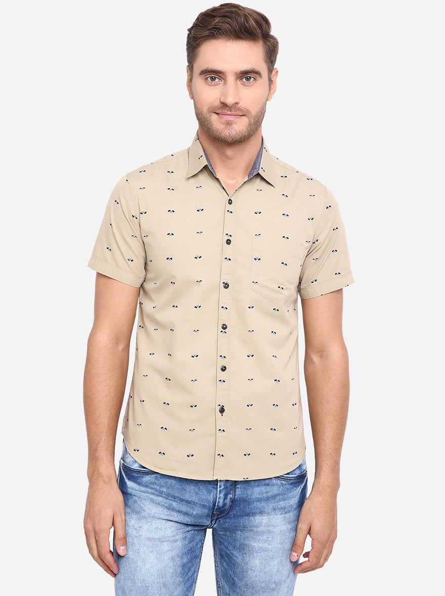 Taupe Printed Slim Fit Casual Shirt | Greenfibre