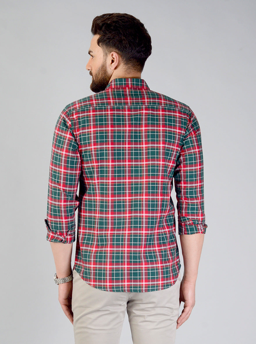 Bottle Green & Red Checked Slim Fit Casual Shirt | JadeBlue