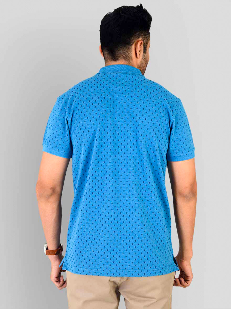 Bright Blue Melange Printed Slim Fit Polo T-shirt | Greenfibre