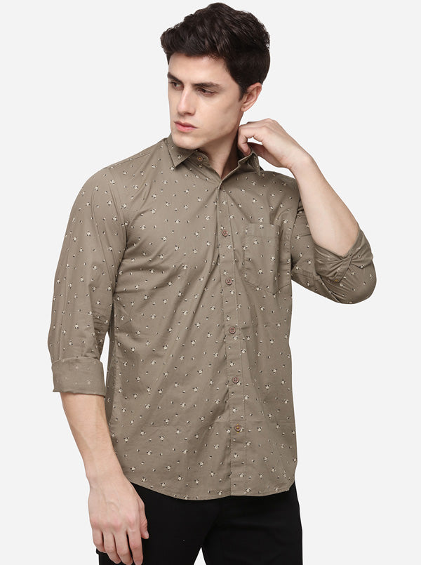 Olive Smart Fit Printed Casual Shirt | Greenfibre