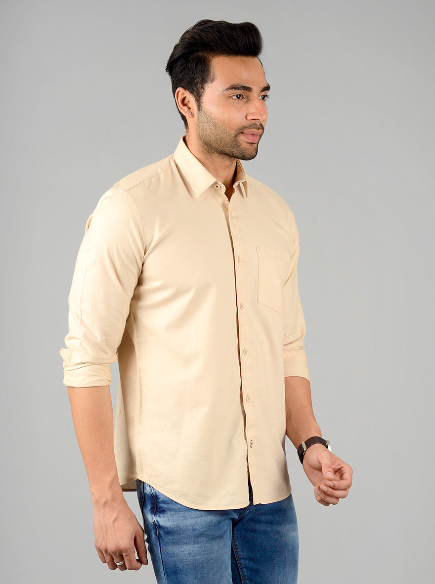 Cream Solid Slim Fit Casual Shirt | Greenfibre
