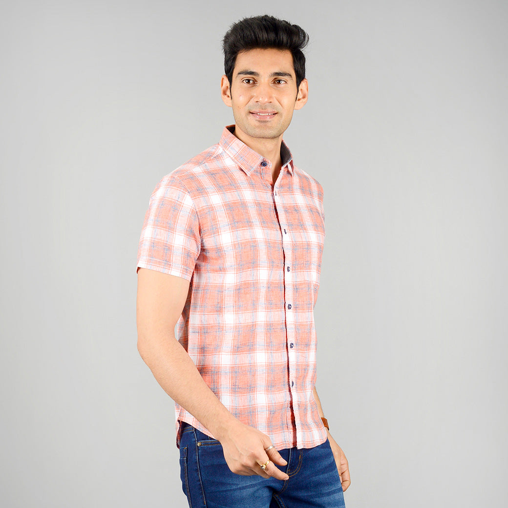 Camellia Orange Checked Slim Fit Casual Shirt | Greenfibre