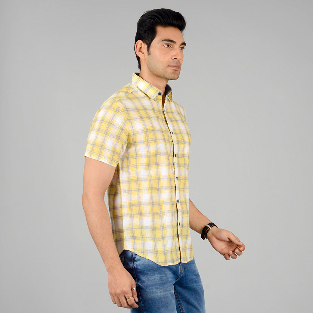 Yellow & Grey Checked Slim Fit Casual Shirt | Greenfibre