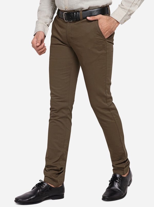 Brown Solid Slim Fit Casual Trouser | Greenfibre