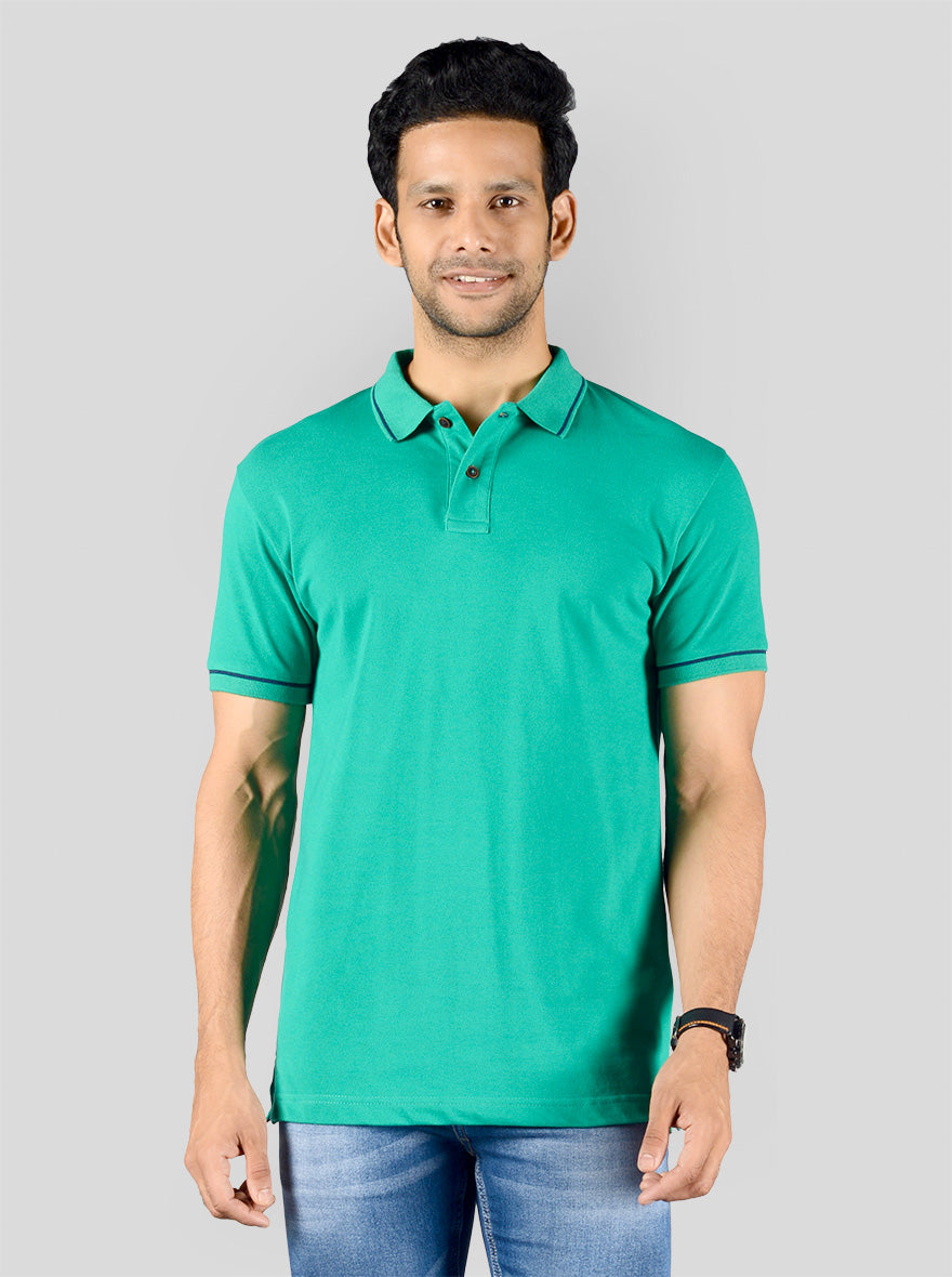 Marine Green Solid Slim Fit Polo T-shirt | Greenfibre