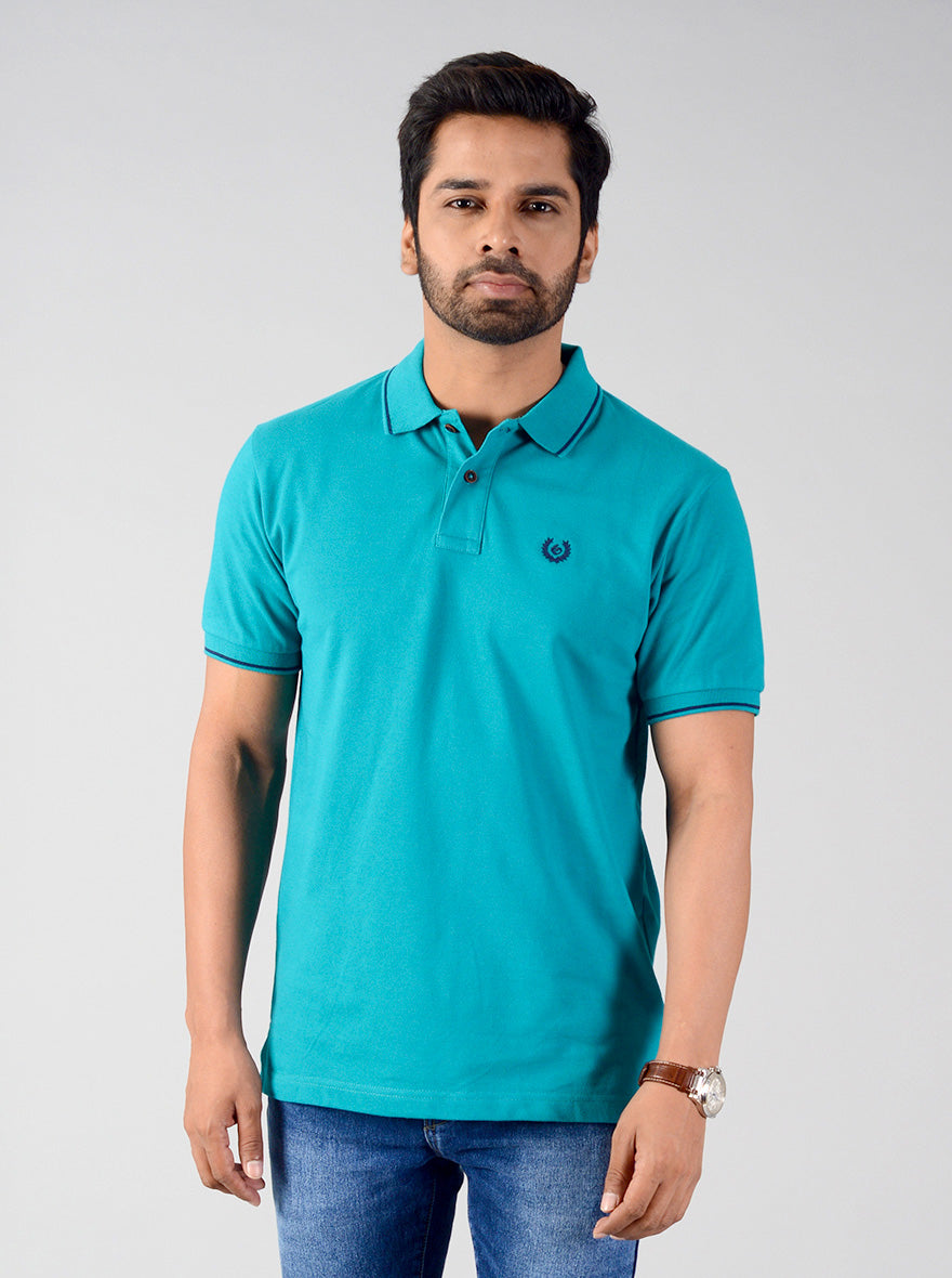 Tile Blue Solid Slim Fit Polo T-shirt | Greenfibre