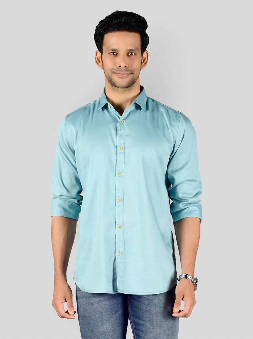 Dusty Blue Solid Slim Fit Casual Shirt | JadeBlue