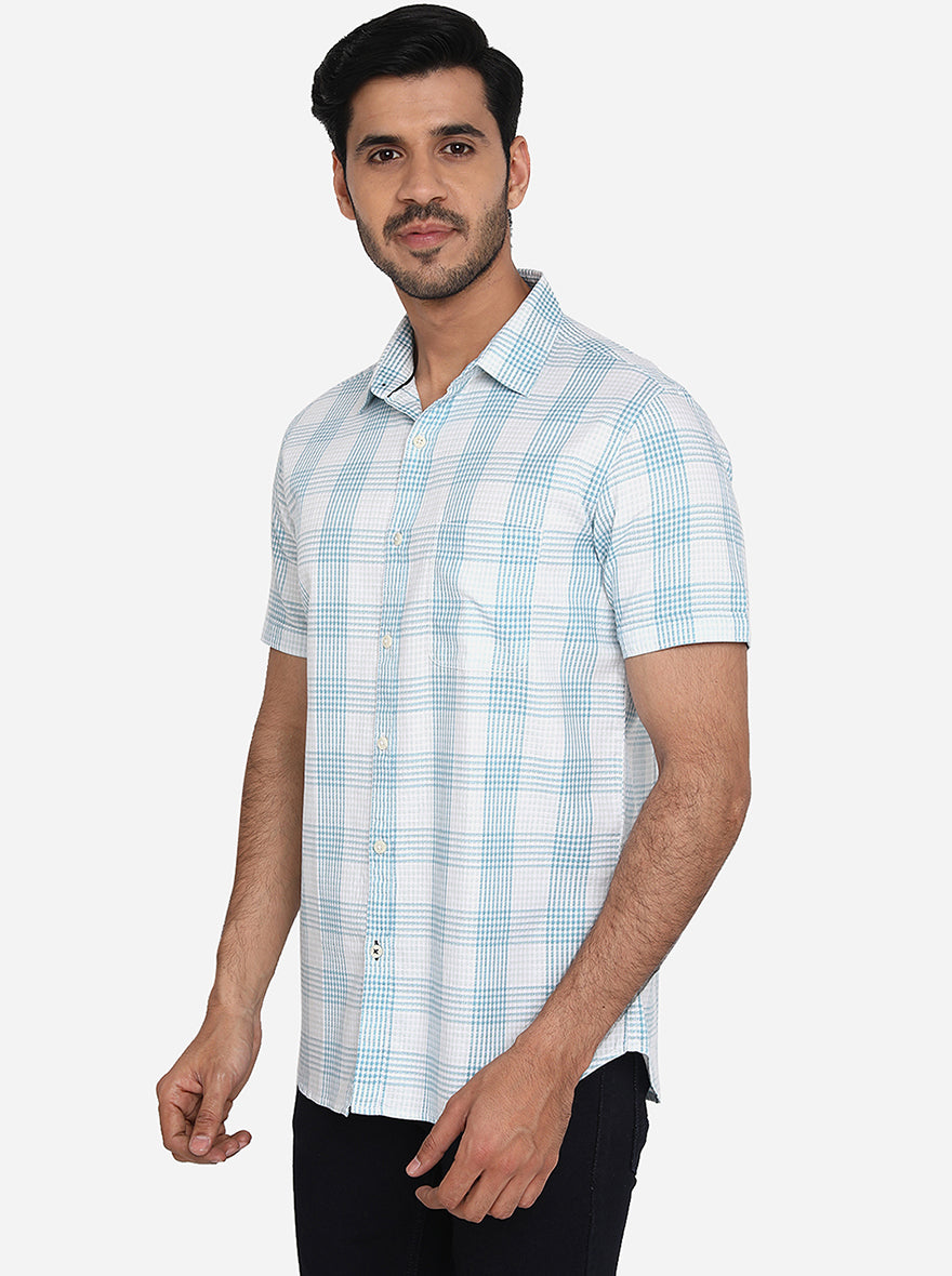 Opal Blue Checked Slim Fit Casual Shirt | JadeBlue