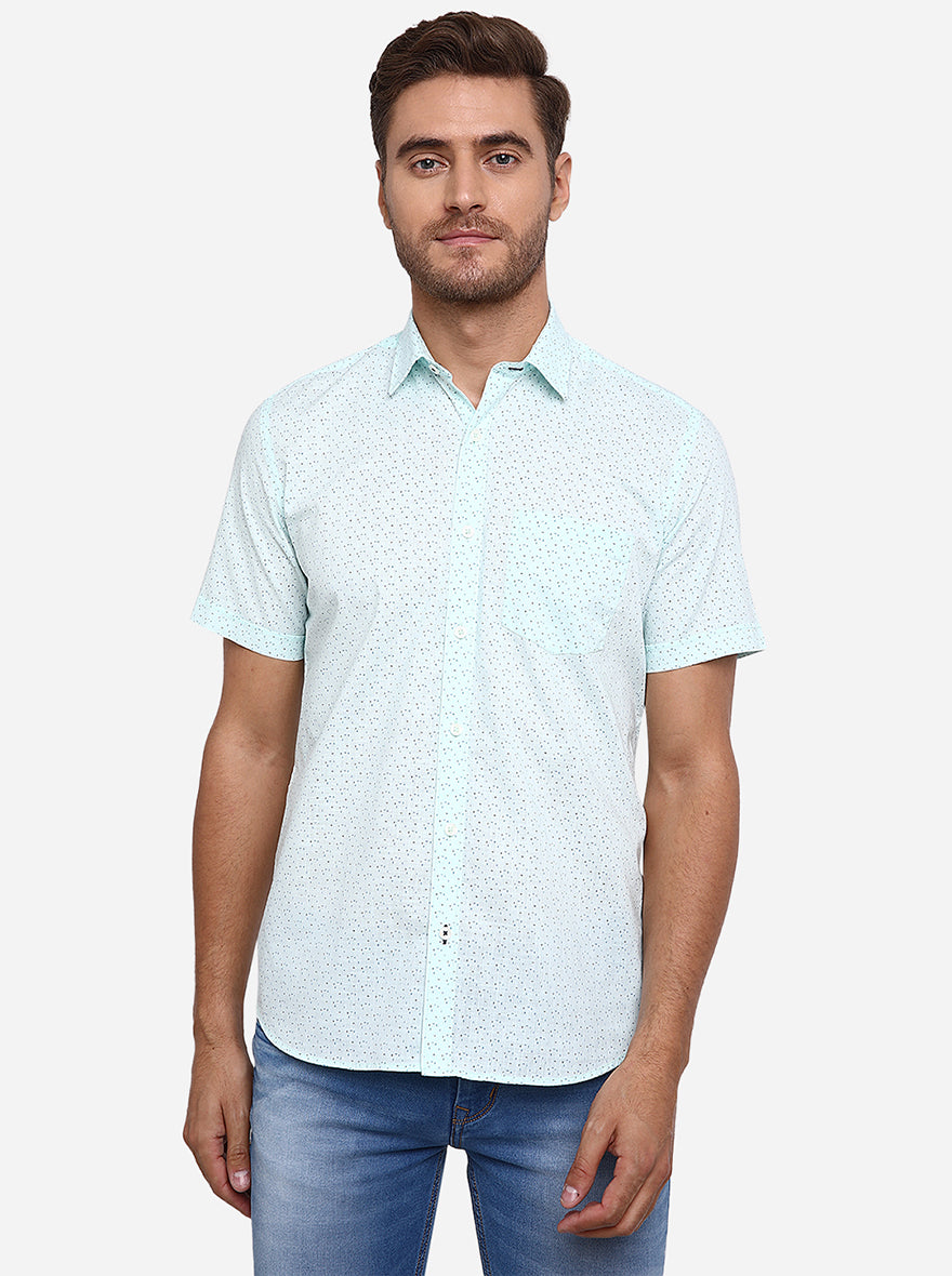 Sky Blue Printed Slim Fit Semi Casual Shirt | Greenfibre