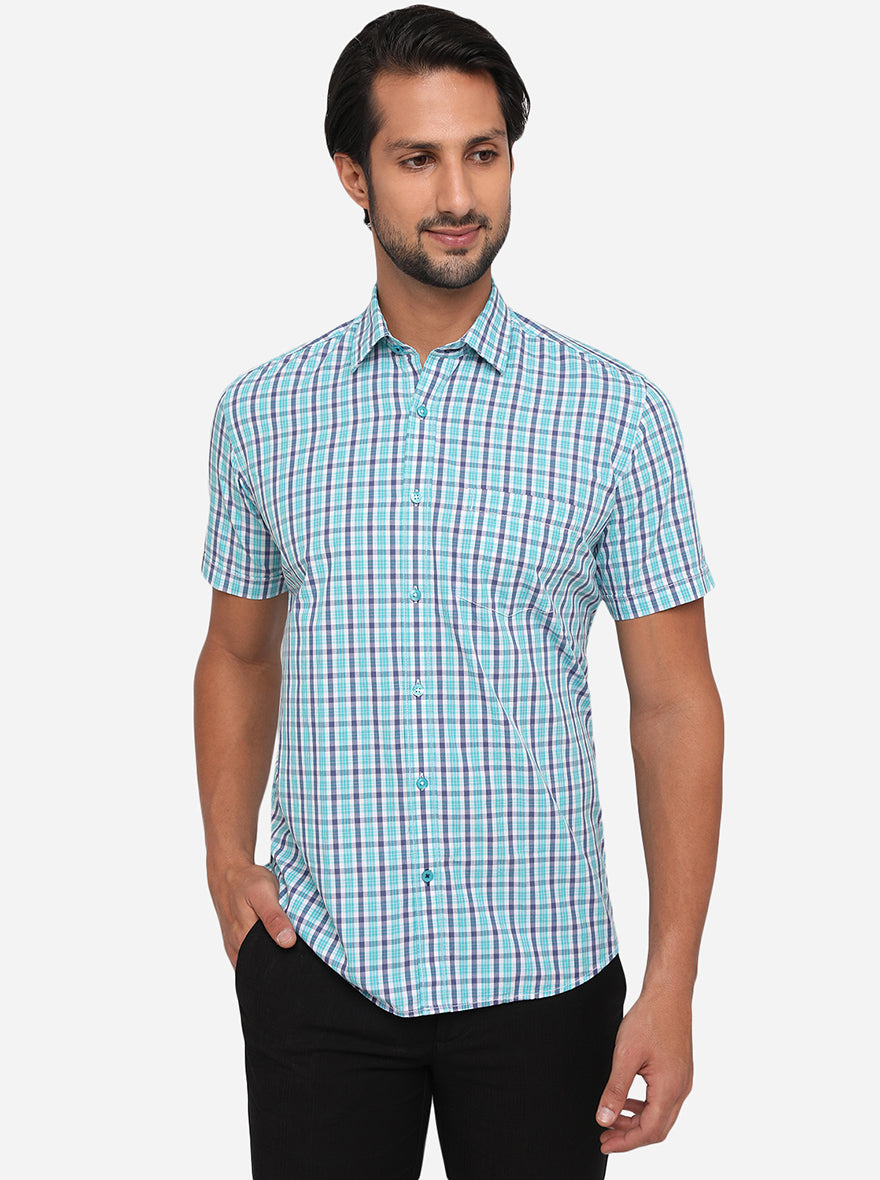 Lake Blue Checked Slim Fit Semi Casual Shirt | Greenfibre