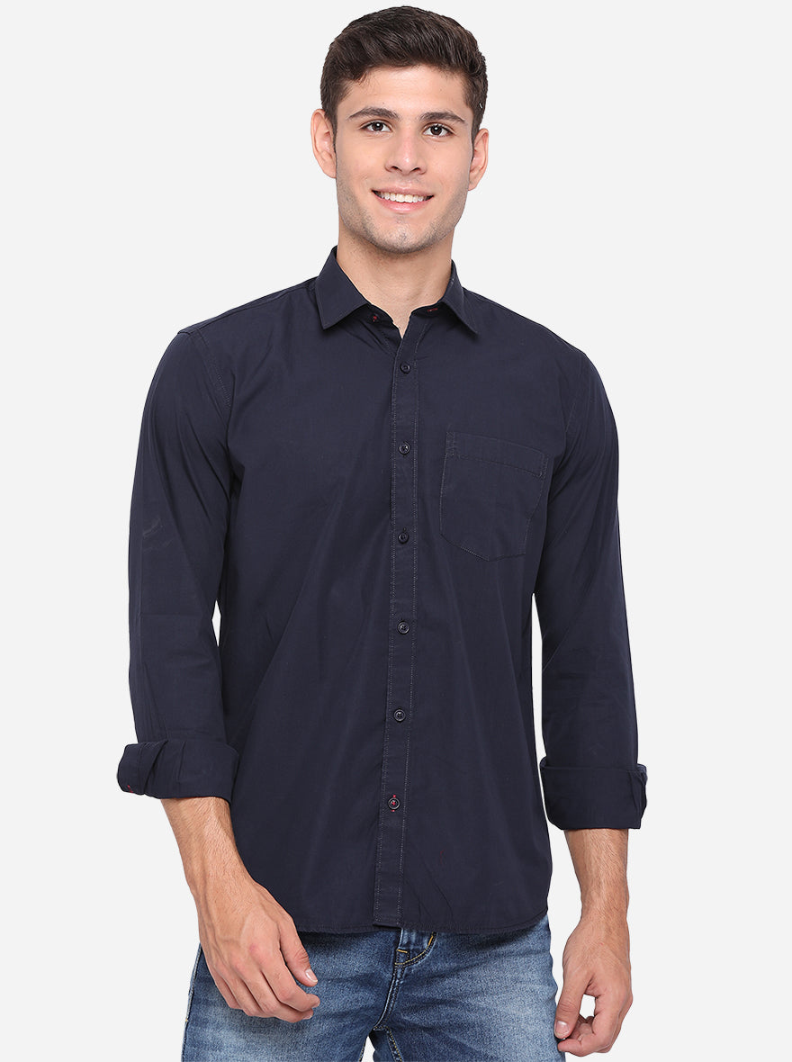 Dark Blue Solid Slim Fit Casual Shirt | JadeBlue