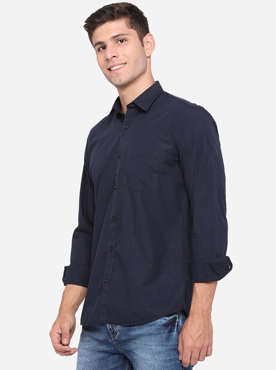 Dark Blue Solid Slim Fit Casual Shirt | JadeBlue
