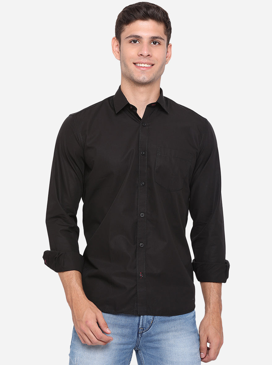 Jet Black Solid Slim Fit Casual Shirt | JadeBlue