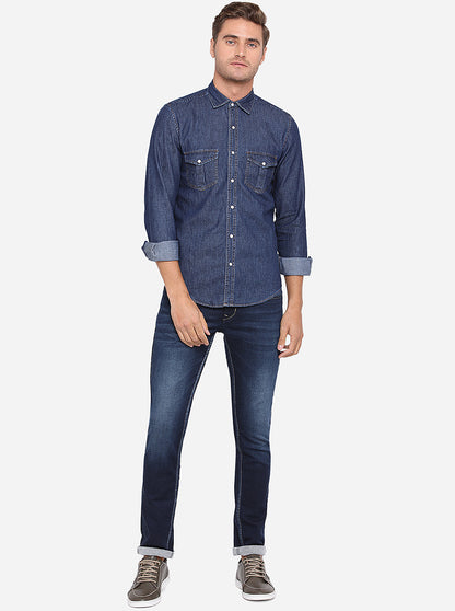 Ebony Blue Solid Slim Fit Casual Shirt | Greenfibre