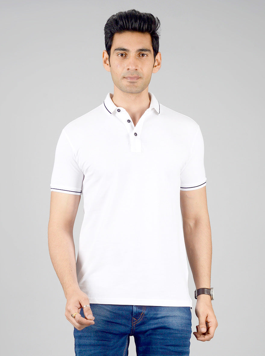 White Solid Slim Fit Polo T-shirt | JadeBlue