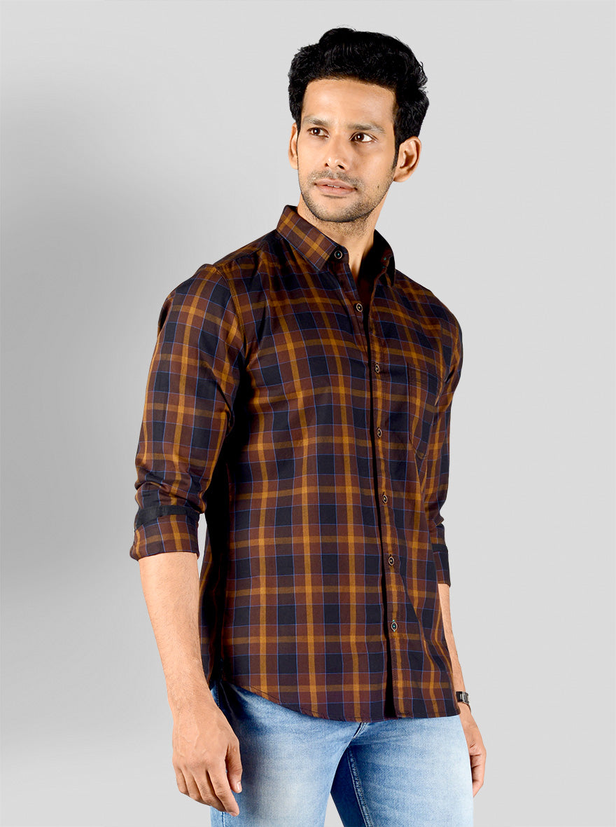 Chestnut Brown Checked Slim Fit Casual Shirt | JadeBlue