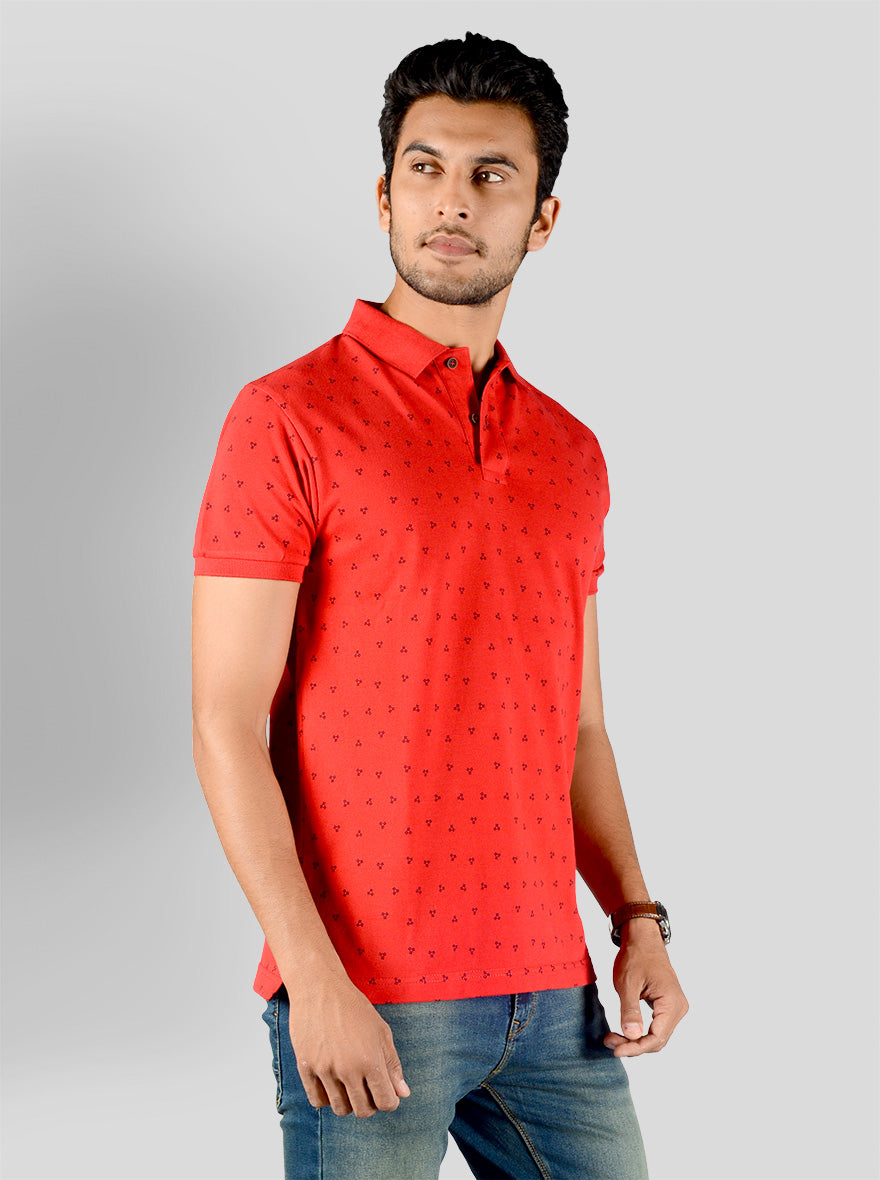 Electric Red Printed Slim Fit Polo T-shirt | Greenfibre