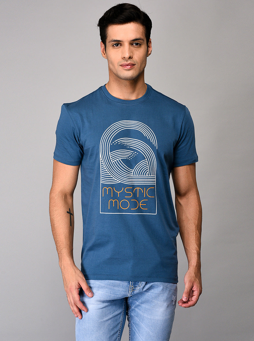 Blue Printed Slim Fit Round Neck T-shirt | Greenfibre