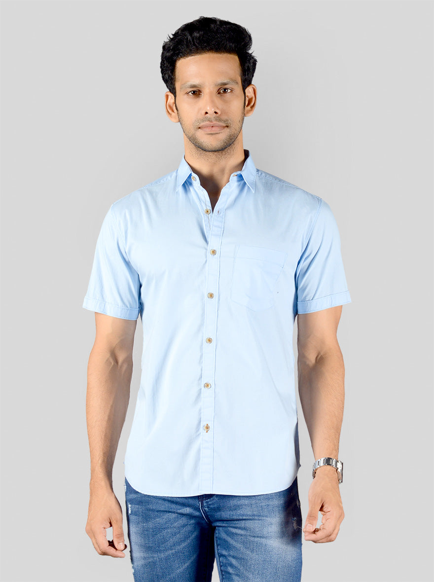 Winter Sky Blue Solid Slim Fit Casual Shirt | Greenfibre