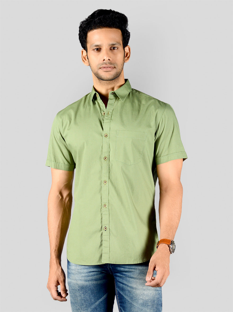 Dull Pistachio Green Solid Slim Fit Casual Shirt | Greenfibre