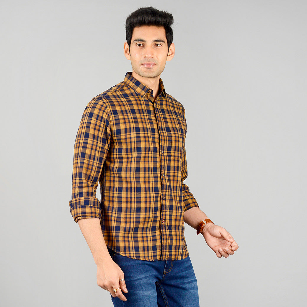 Honey Yellow & Blue Checked Slim Fit Casual Shirt | Greenfibre