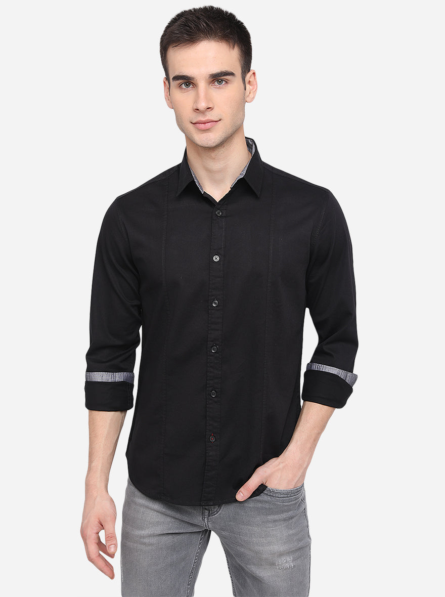 Jet Black Solid Slim Fit Casual Shirt | Greenfibre