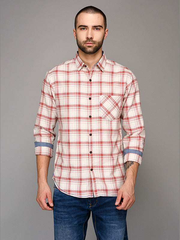Greenfibre White & Pink Checked Slim Fit Casual Shirt