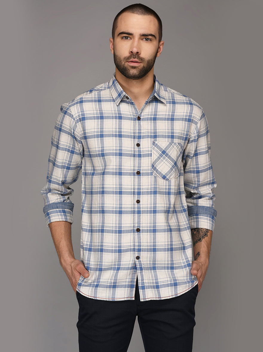Greenfibre Sky Blue Checked Slim Fit Casual Shirt