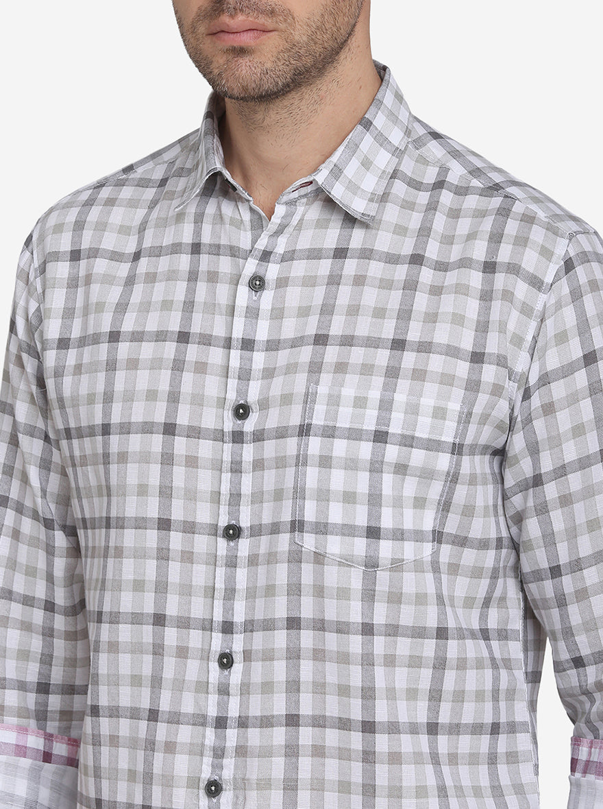 Stone Grey & White Checked Slim Fit Casual Shirt | Greenfibre