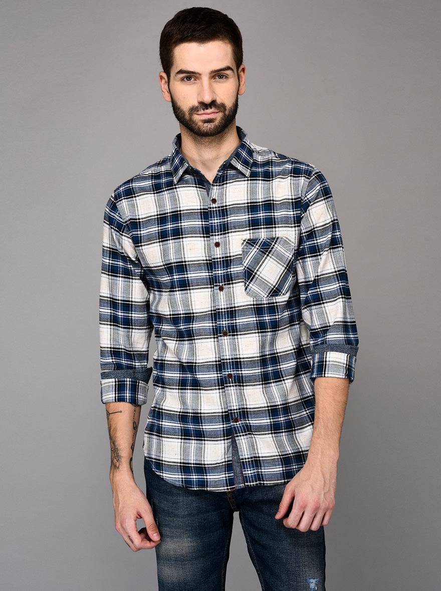 Greenfibre Navy Blue & White Checkered Slim Fit Casual Shirt