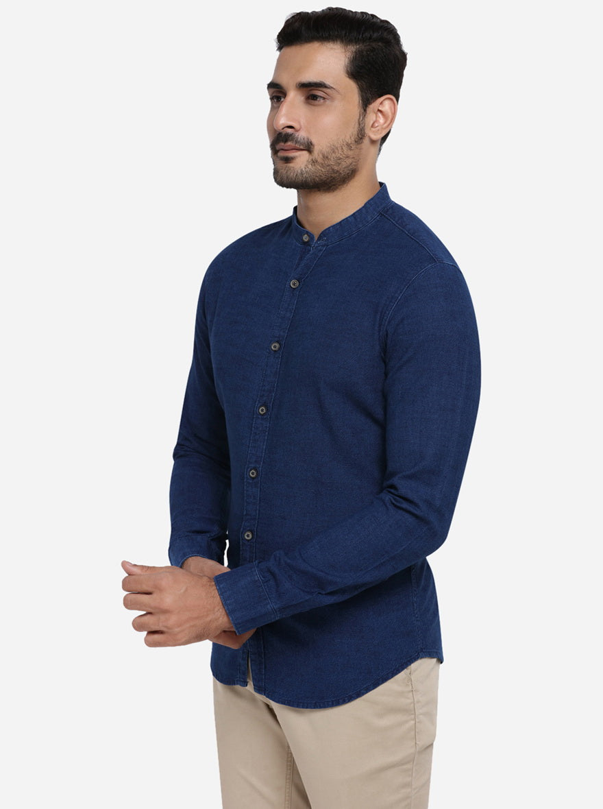 Navy Blue Solid Slim Fit Casual Shirt | Greenfibre