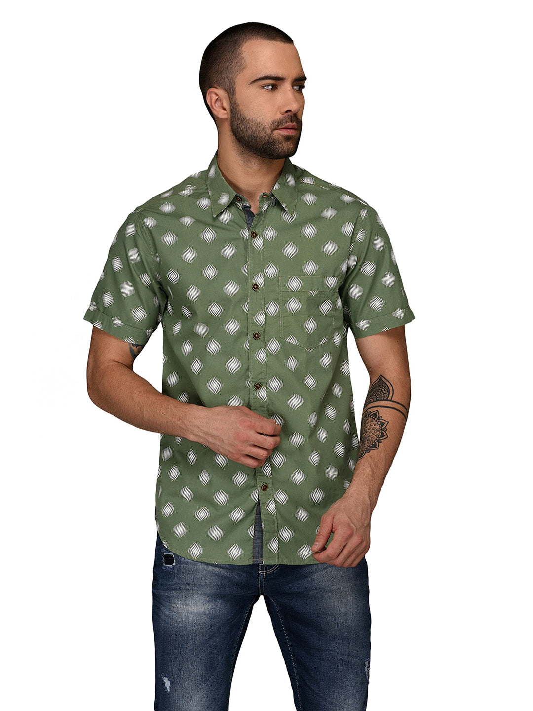 Greenfibre Army Green Printed Slim Fit Casual Shirt
